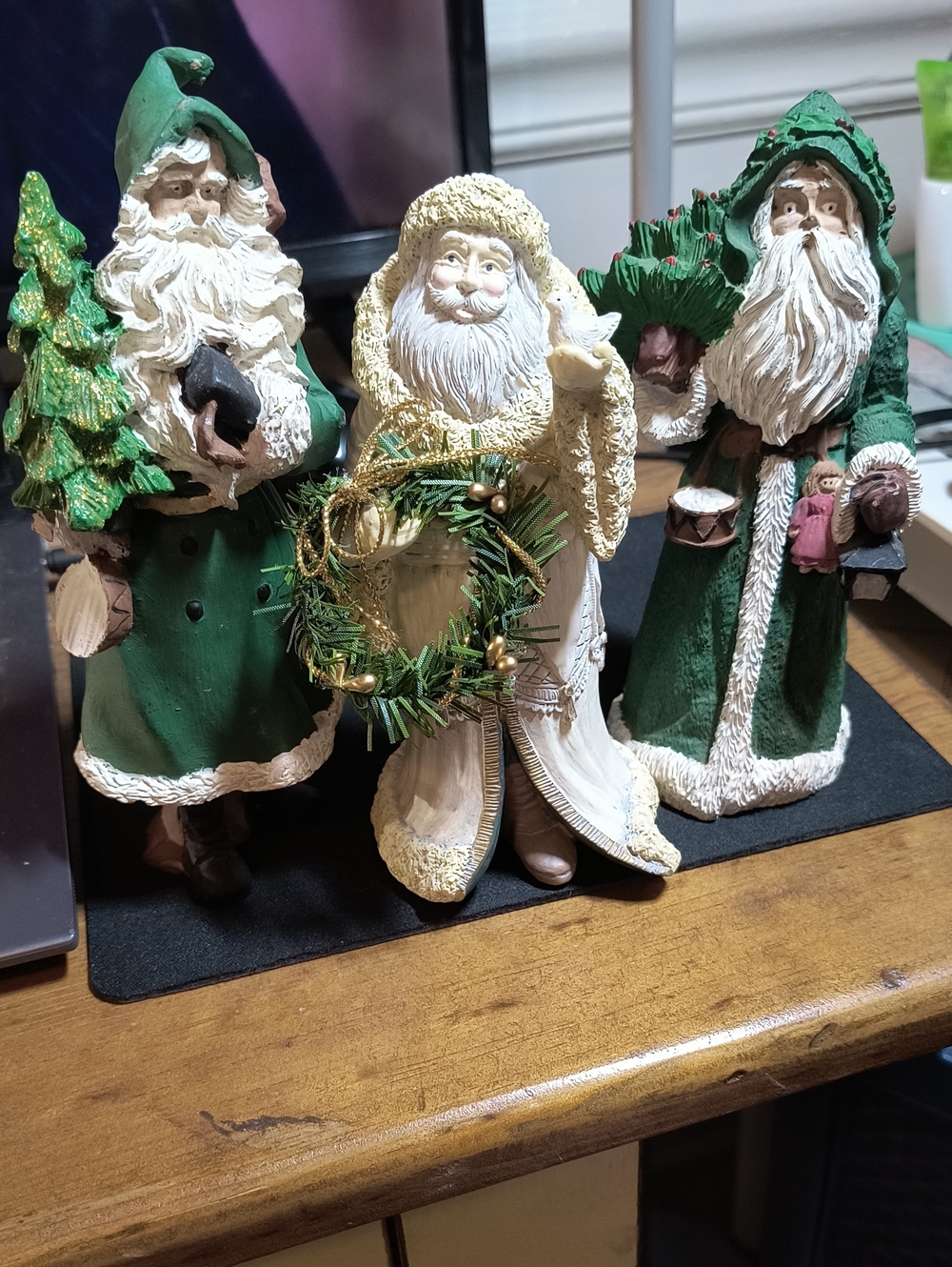 Holiday Santa Figurine - Green & Cream Decorative Trio